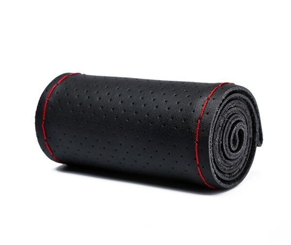 ハンドルカバー 編み込み式 本革 パンチングレザー レッドステッチ ステアリングカバーDIY_画像1