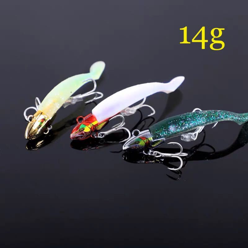 No.15 ジグヘッド 3個セット ルアー vj風 14g ワーム8点付き シーバス ヒラメ_画像2