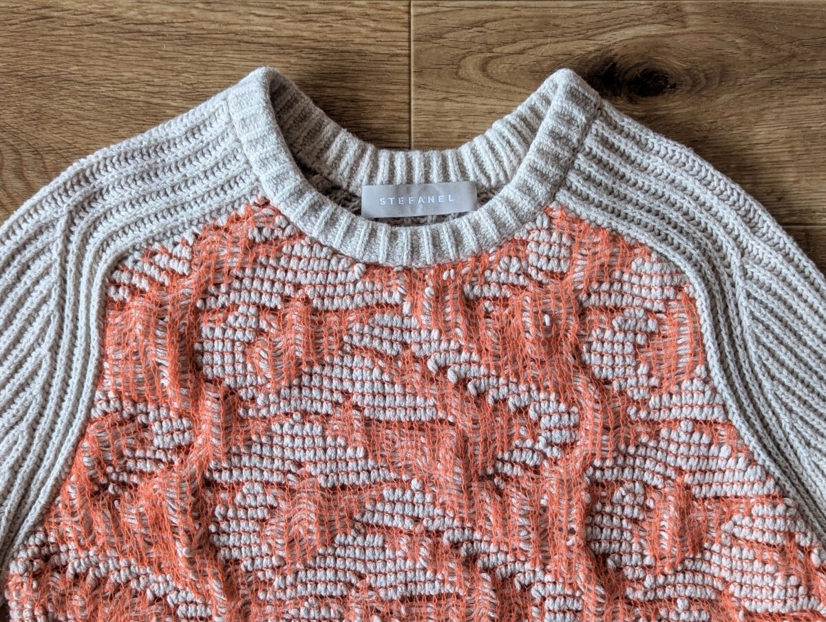 STEFANEL ステファネル ニット コットン セーター 75%Cotton 25%Polyester XSサイズ ベージュ×オレンジ モルドバ製 イタリア 古着 used _画像4