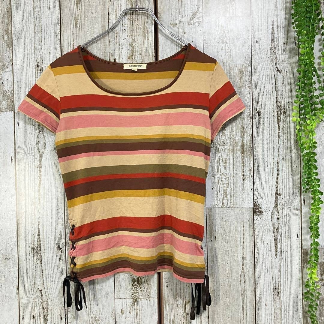 ☆MK KLEIN+ エムケープランプリュス☆Tシャツ ボーダー ブラウン ワイドネック 半袖 コットン レディース [送料無料☆匿名配送] o5914_画像1