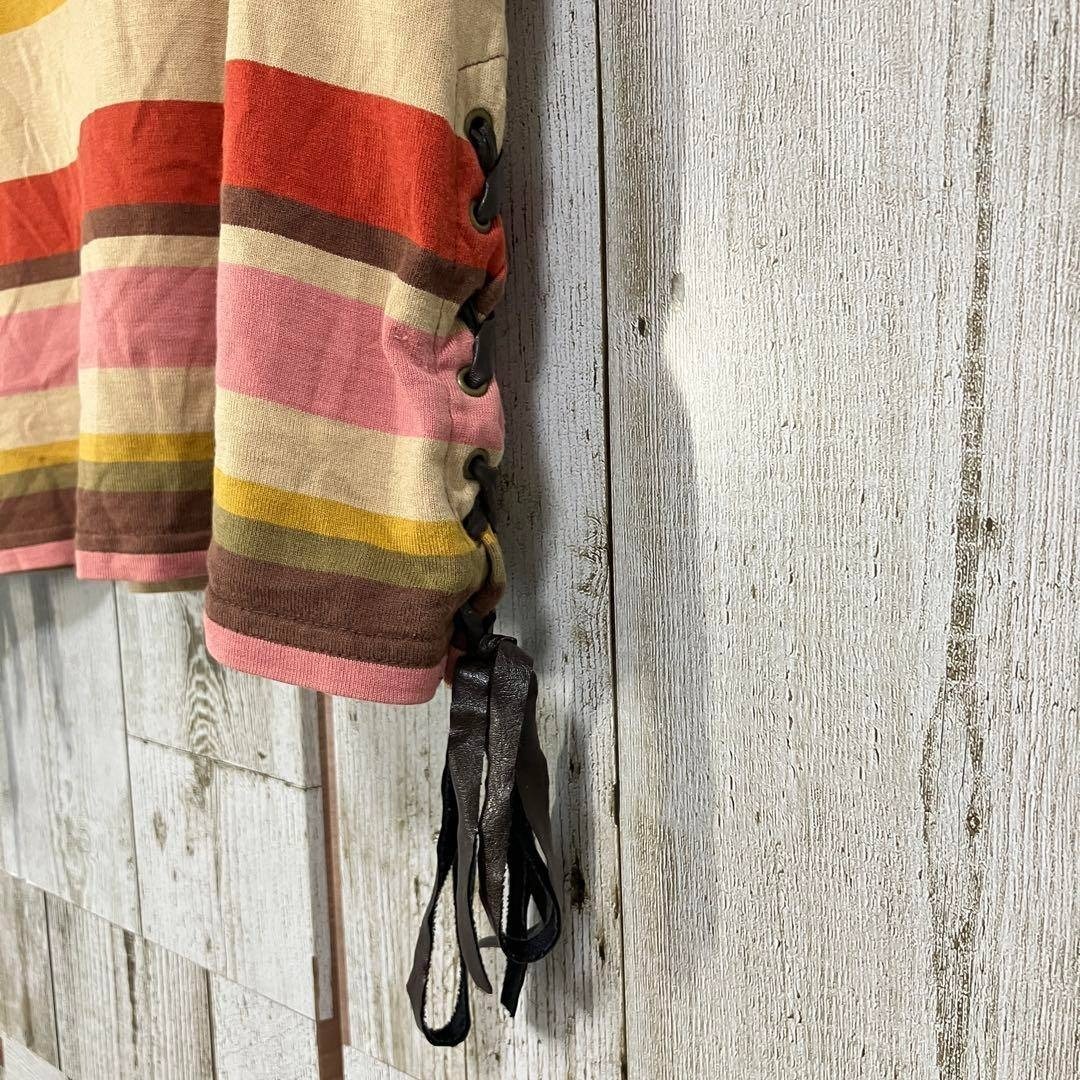 ☆MK KLEIN+ エムケープランプリュス☆Tシャツ ボーダー ブラウン ワイドネック 半袖 コットン レディース [送料無料☆匿名配送] o5914_画像3