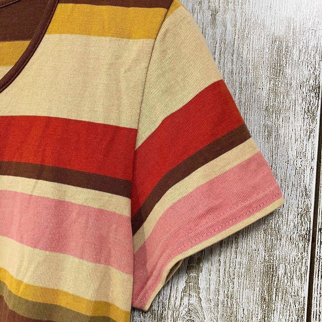 ☆MK KLEIN+ エムケープランプリュス☆Tシャツ ボーダー ブラウン ワイドネック 半袖 コットン レディース [送料無料☆匿名配送] o5914_画像4