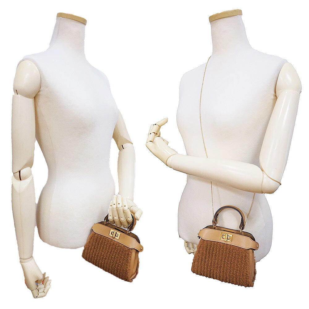 （未使用　展示品）フェンディ FENDI ナノ ピーカブー 2WAY チェーン ミニ ショルダー ハンドバッグ レザー ボア ベージュ ブラウン 7AS294_画像8