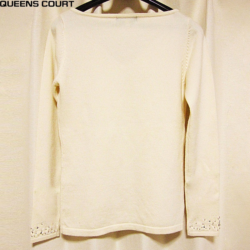 クイーンズコート/ハート型 ビジュー パール Ｖネック ニット キナリ M QUEENS COURT_画像3