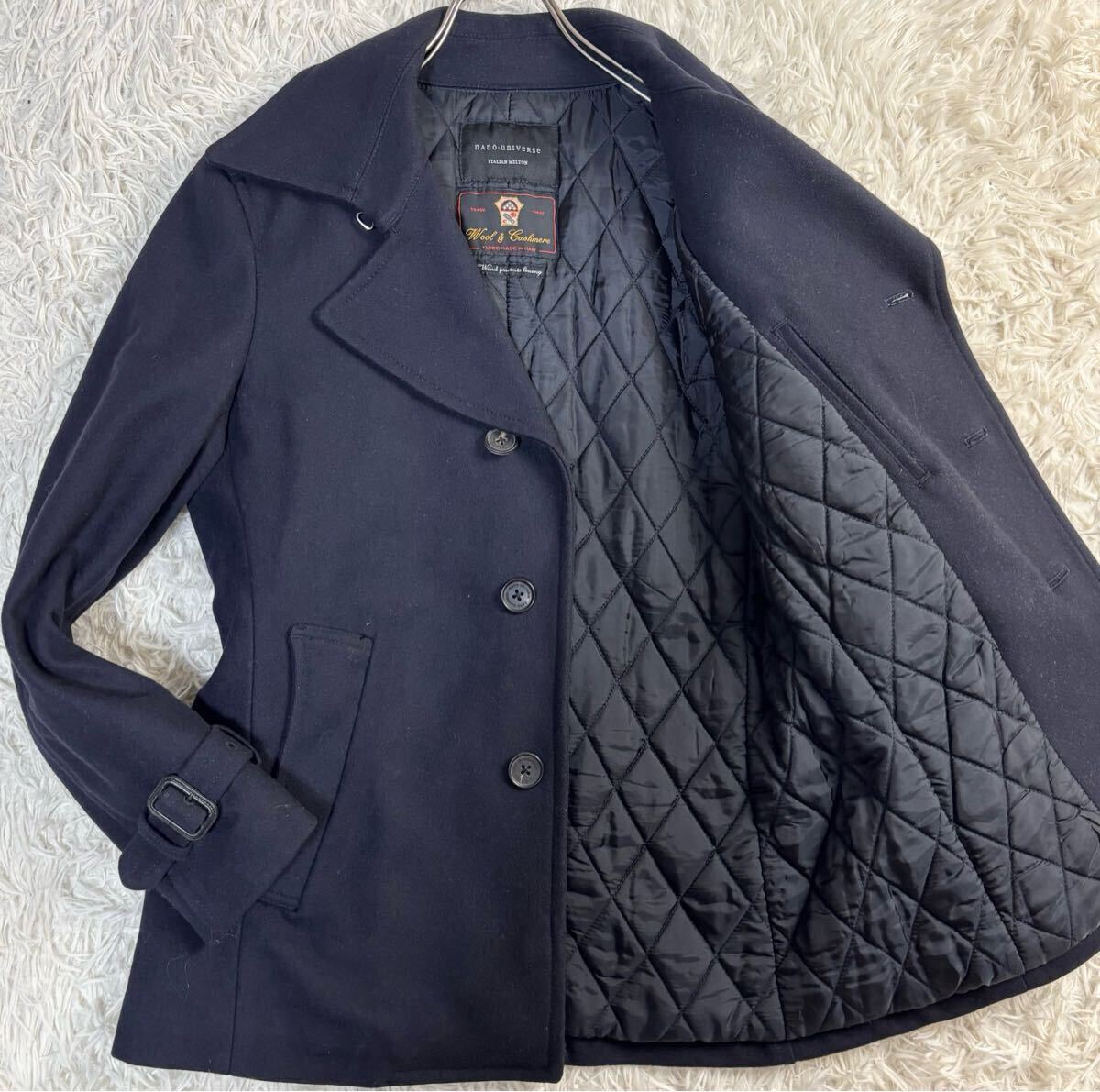 美品/Lサイズ★ ナノユニバース NANO UNIVERSE Pコート メルトン カシミヤ混 キルティング 中綿 イタリア生地 ショートコート メンズ_画像1