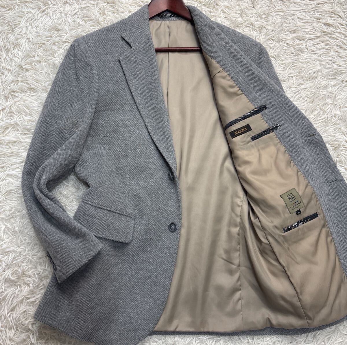 美品★ シーステージ G-STAGE テーラードジャケット アンゴラ混 ヘリンボーン ツイード ウール ライトグレー Mサイズ アウター メンズの画像1