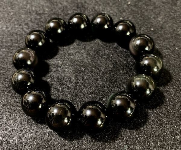 【Premio Fortuna】黒曜石14ミリ珠ブレスレット 開運・厄除ブレスレット 仕事運 金運向上 内周約17センチ 711183☆_画像4