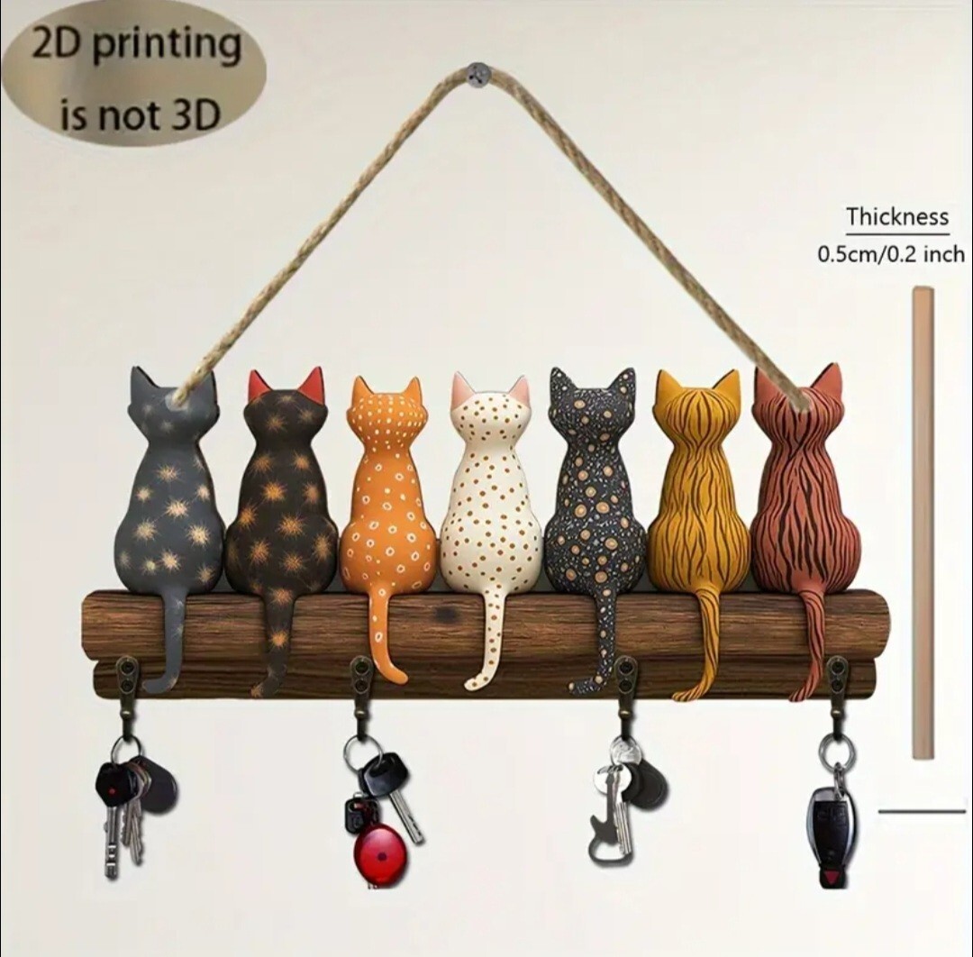 木製プレート　壁掛けフック　キーハンガー　猫A　猫の雑貨　HANAKO_画像1
