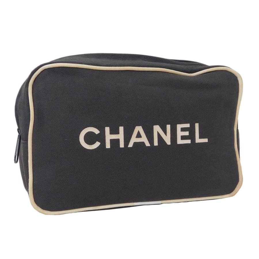 1円■シャネル ポーチ ブラック系×ホワイト系 キャンバス 小物入れ コスメ シンプル レディース CHANEL ■E.Bss.tI-07_画像1