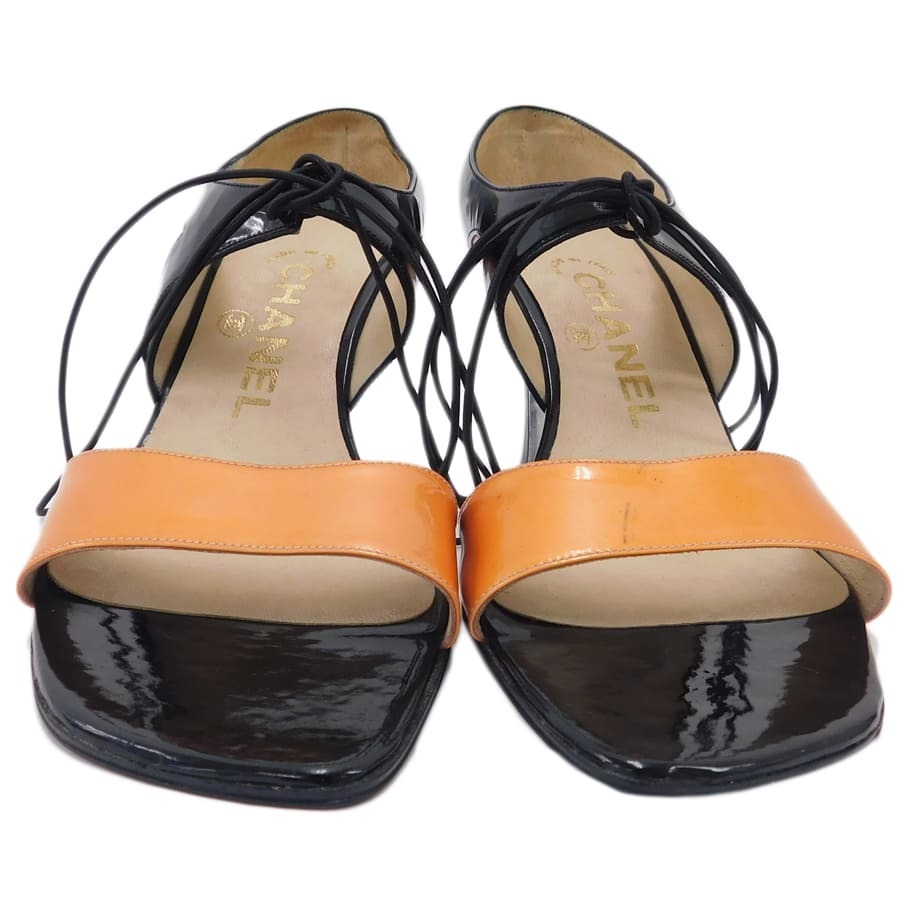 1円■シャネル ヒール ブラック×オレンジ系 エナメル ミュール お出掛け CHANEL ■E.Csp.dkn-21_画像2