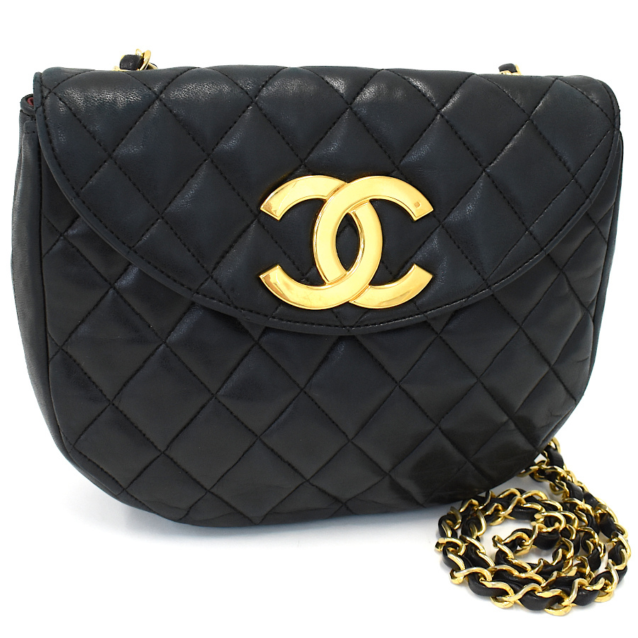 1円◎美品 CHANEL シャネル チェーンショルダーバッグ ハーフムーン マトラッセ デカココマーク ラムスキン ブラック◎E.Dsl.tI-15_画像1