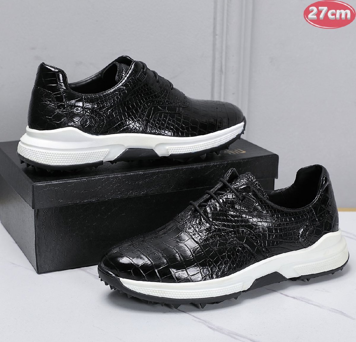 クロコダイルレザー スニーカー 最高級 ワニ革 クロコダイル 靴 メンズシューズ 革靴 ブラック 27.0cm 【n792】
