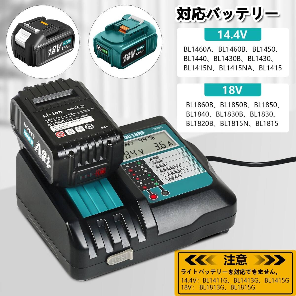 (B) マキタ makita 充電器 互換 DC18RF 急速充電器 14.4V 18V チャージャー BL1430B BL1460B BL1830B BL1850B BL1860B DC18RC DC18RD_画像5