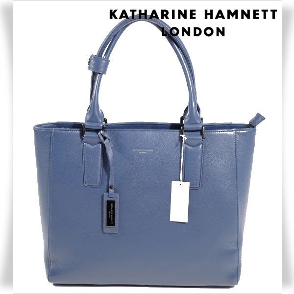 新品1円～★定価2.4万 KATHARINE HAMNETT LONDON キャサリン ハムネット ロンドン 牛革 本革レザー トートバッグ ブルー ◆5711◆_画像1