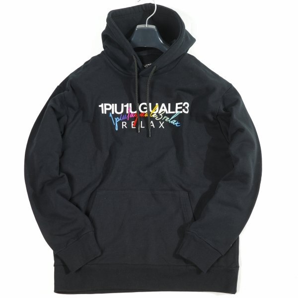 新品1円~★1PIU1UGUALE3 RELAX ウノ ピゥ ウノ ウグァーレ トレ リラックス レインボー刺繍ダブルロゴフーディー パーカー M 黒 ◆6130◆_画像4