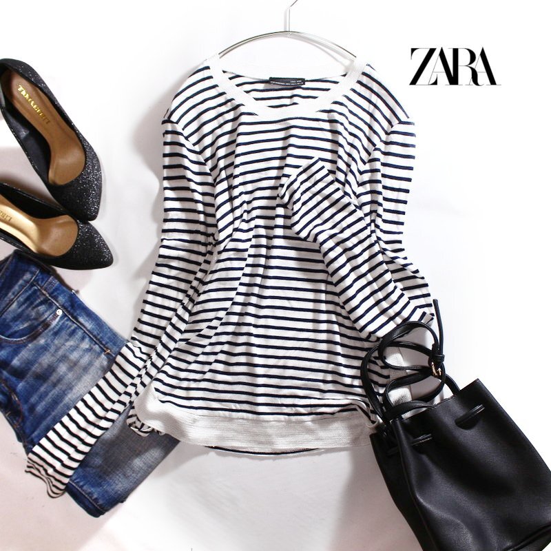 美品 ZARA ザラ ボーダー柄 薄手 長袖Tシャツ カットソー S ホワイト 白 ネイビー 紺 デザイン 春 夏 合物_画像1