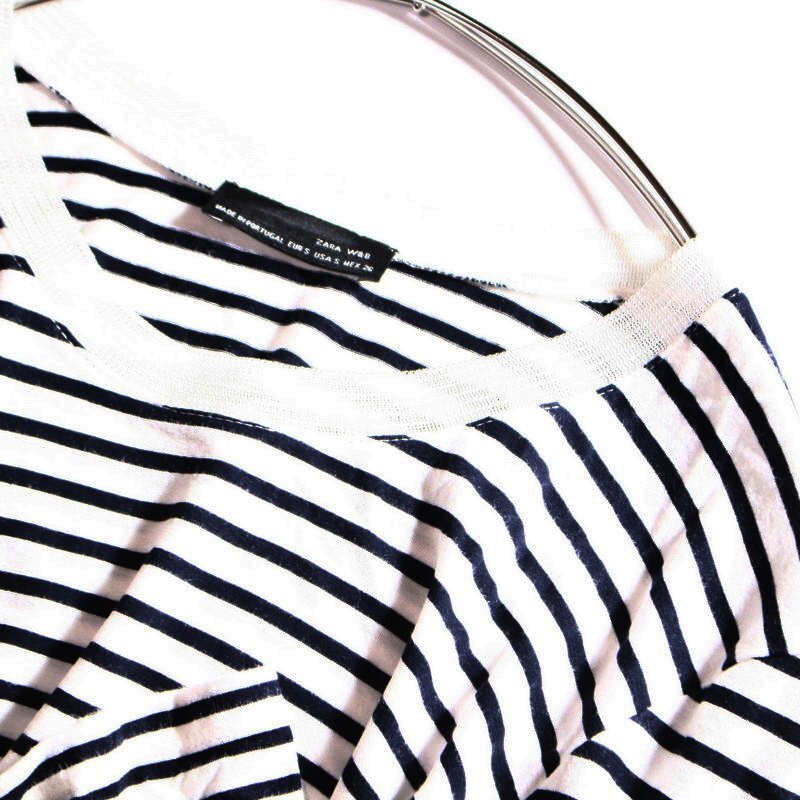 美品 ZARA ザラ ボーダー柄 薄手 長袖Tシャツ カットソー S ホワイト 白 ネイビー 紺 デザイン 春 夏 合物_画像2