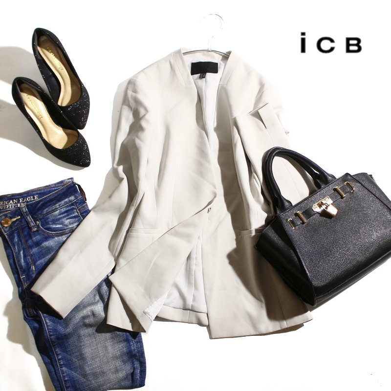 美品 ICB アイシービー 株) オンワード樫山 綺麗め Vネック ジャージ― ジャケット 7号 ライトベージュ ホワイト フォーマル 仕事 春 夏_画像1