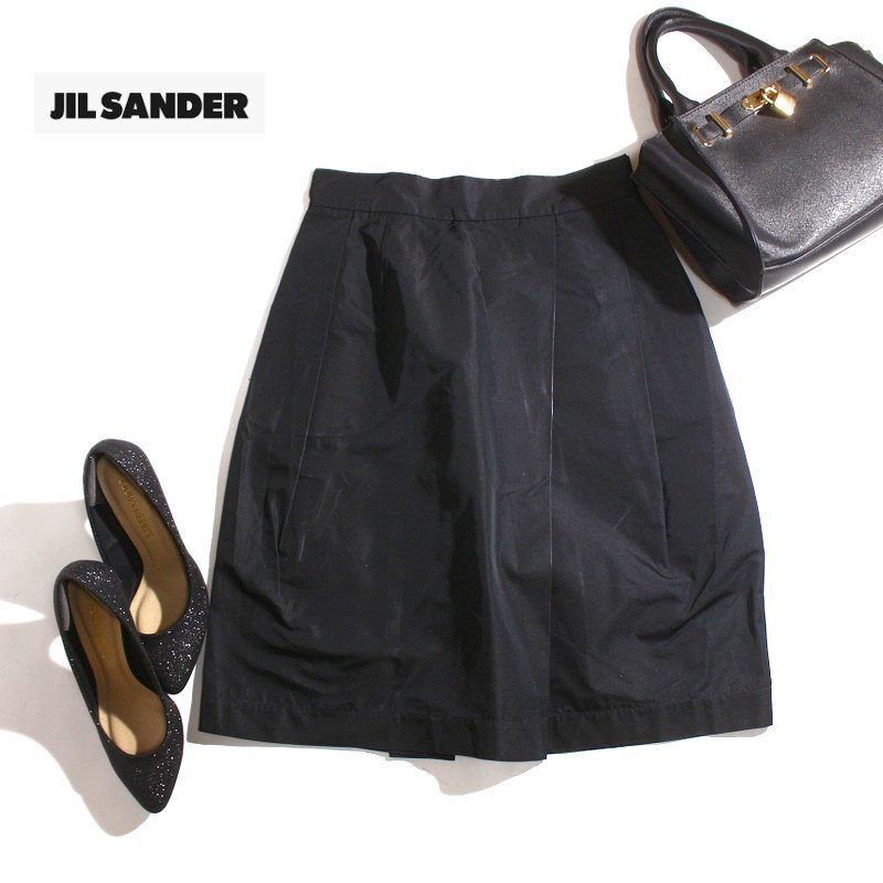 美品 イタリア製 Jil Sander ジルサンダー 合物 ほんのり艶 ナイロン質感 Aライン タックスカート フレアスカート 34 ブラック 黒 シルク_画像1
