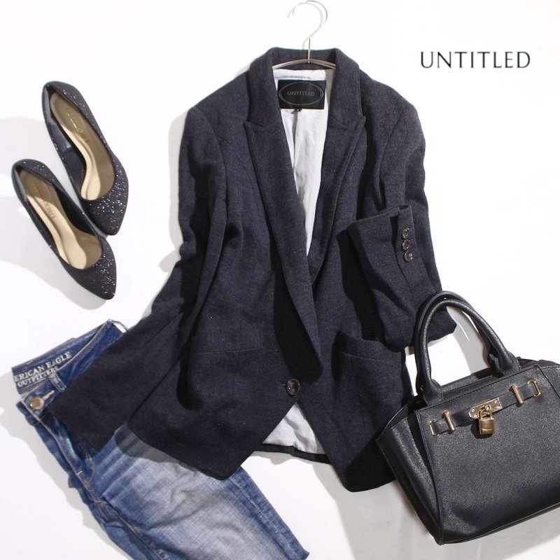 アンタイトル UNTITLED 株) ワールド 秋 冬 ストレッチ 毛100% ジャケット シンプル 97 1 ブラック 黒 ベーシック オフィス 通勤 ウール_画像1