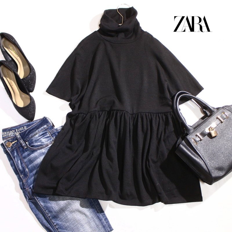 美品 ZARA ザラ 秋 冬 ゆったり タートルネック チュニック 半袖ニットカットソー M ブラック 黒 プルオーバー フレアシルエット