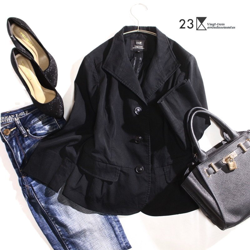 23区 株) オンワード樫山 秋 春 コットン フリル切替 ウエストシェイプ ジャケット 8分袖 テーラードジャケット 40 ブラック 黒 オフィス_画像1