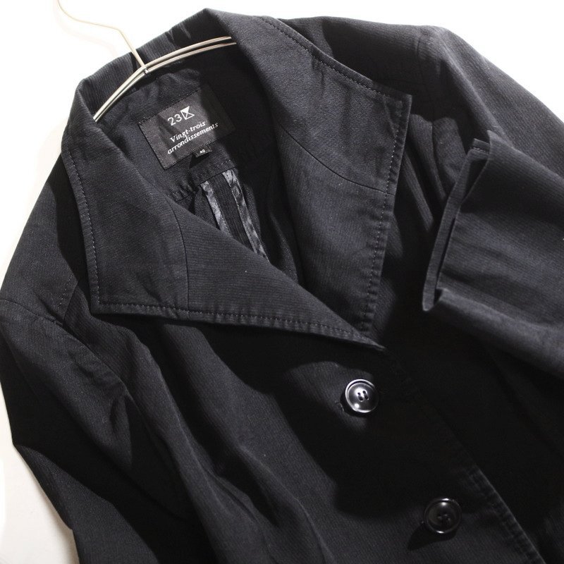 23区 株) オンワード樫山 秋 春 コットン フリル切替 ウエストシェイプ ジャケット 8分袖 テーラードジャケット 40 ブラック 黒 オフィス_画像2