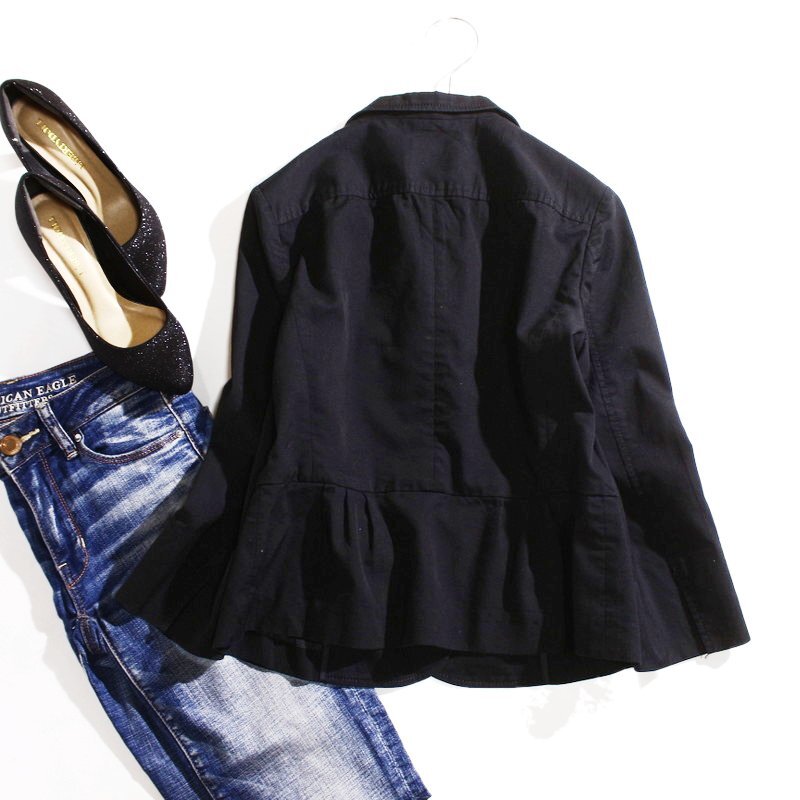 23区 株) オンワード樫山 秋 春 コットン フリル切替 ウエストシェイプ ジャケット 8分袖 テーラードジャケット 40 ブラック 黒 オフィス_画像5