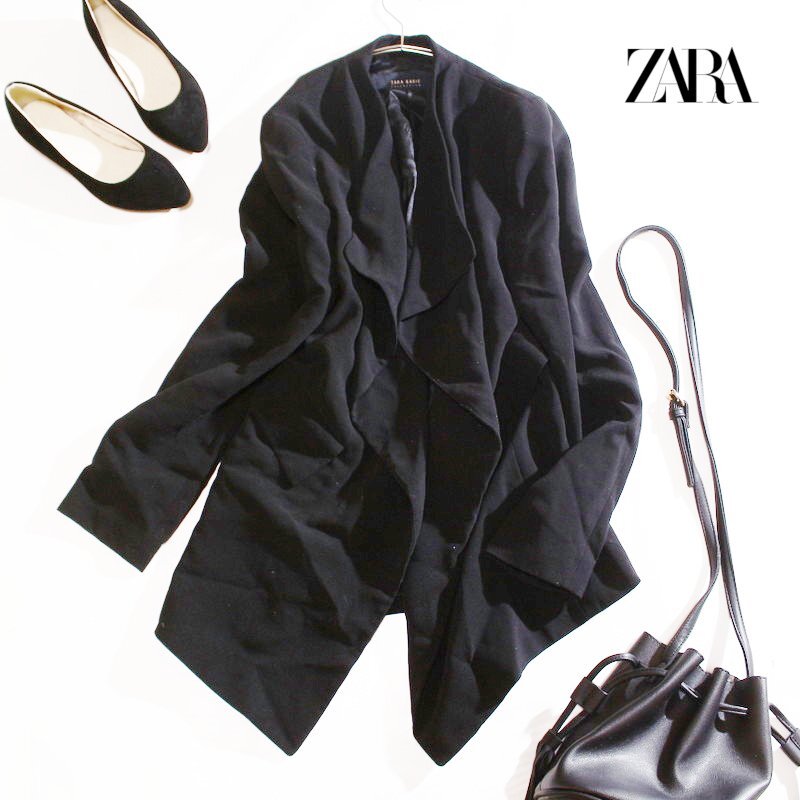 ZARA BASIC ザラ ベーシック 合物 変形 デザイン ロングテーラードジャケト L ブラック 黒 秋 春 オフィス 通勤 ジャケット 羽織 上着_画像1