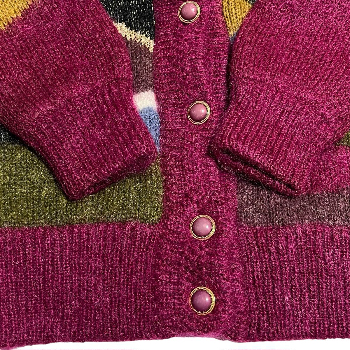 アンゴラニットカーディガン ニットジャケット ヴィンテージ レトロ 古着 総柄 マルチカラー 飾りボタン 裏地あり サイズM サイズ感L_画像5