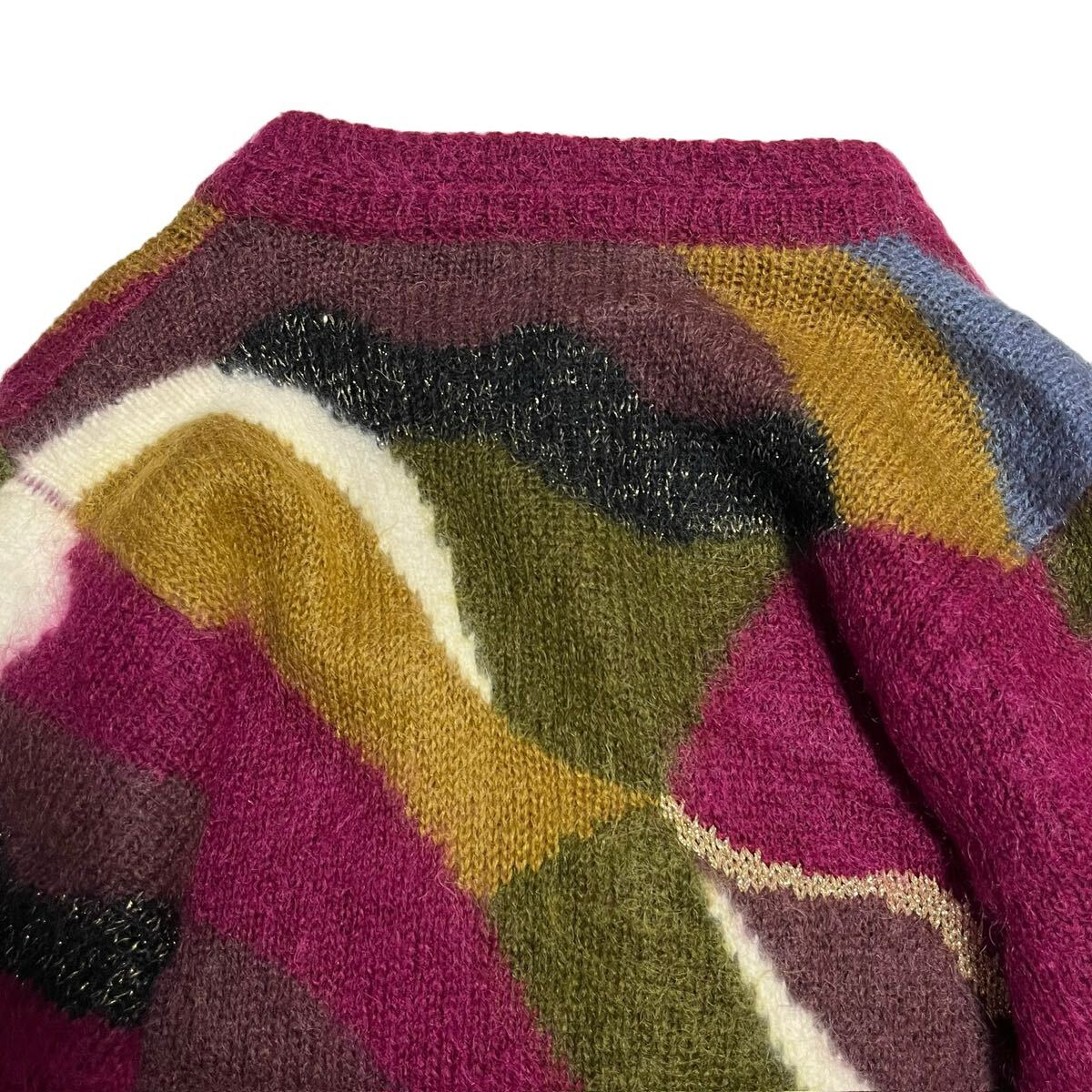 アンゴラニットカーディガン ニットジャケット ヴィンテージ レトロ 古着 総柄 マルチカラー 飾りボタン 裏地あり サイズM サイズ感L_画像9