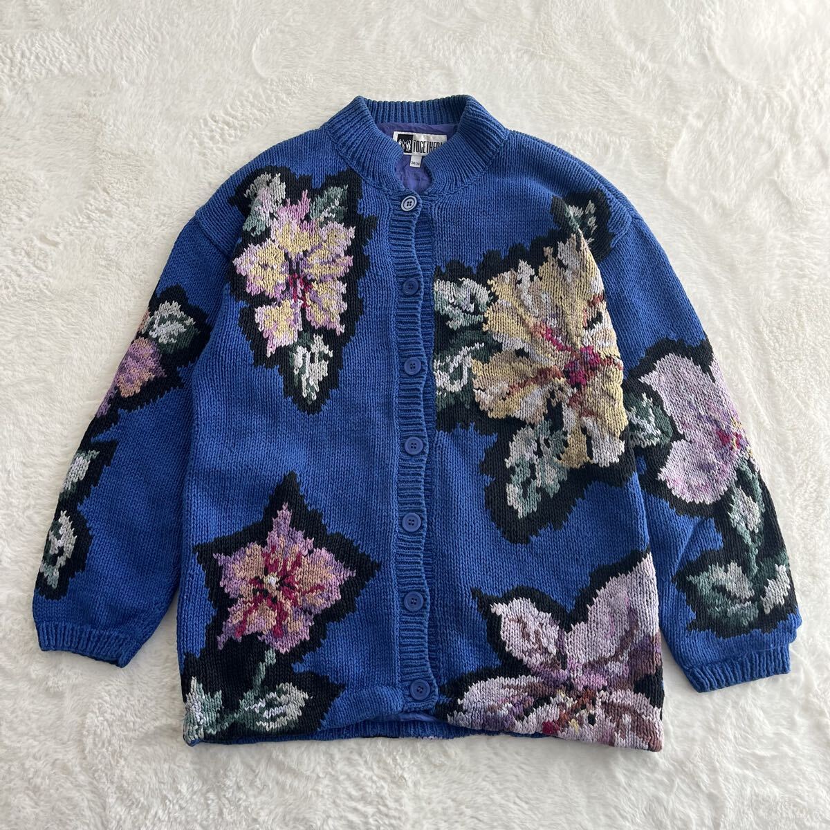 デザインニットジャケット ヴィンテージ古着 カーディガン 花柄 総柄 総裏地 コットンラミー 綿麻 大きめ レディースXL相当 ブルー 青_画像1