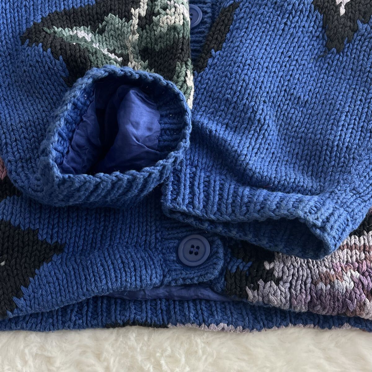 デザインニットジャケット ヴィンテージ古着 カーディガン 花柄 総柄 総裏地 コットンラミー 綿麻 大きめ レディースXL相当 ブルー 青_画像4