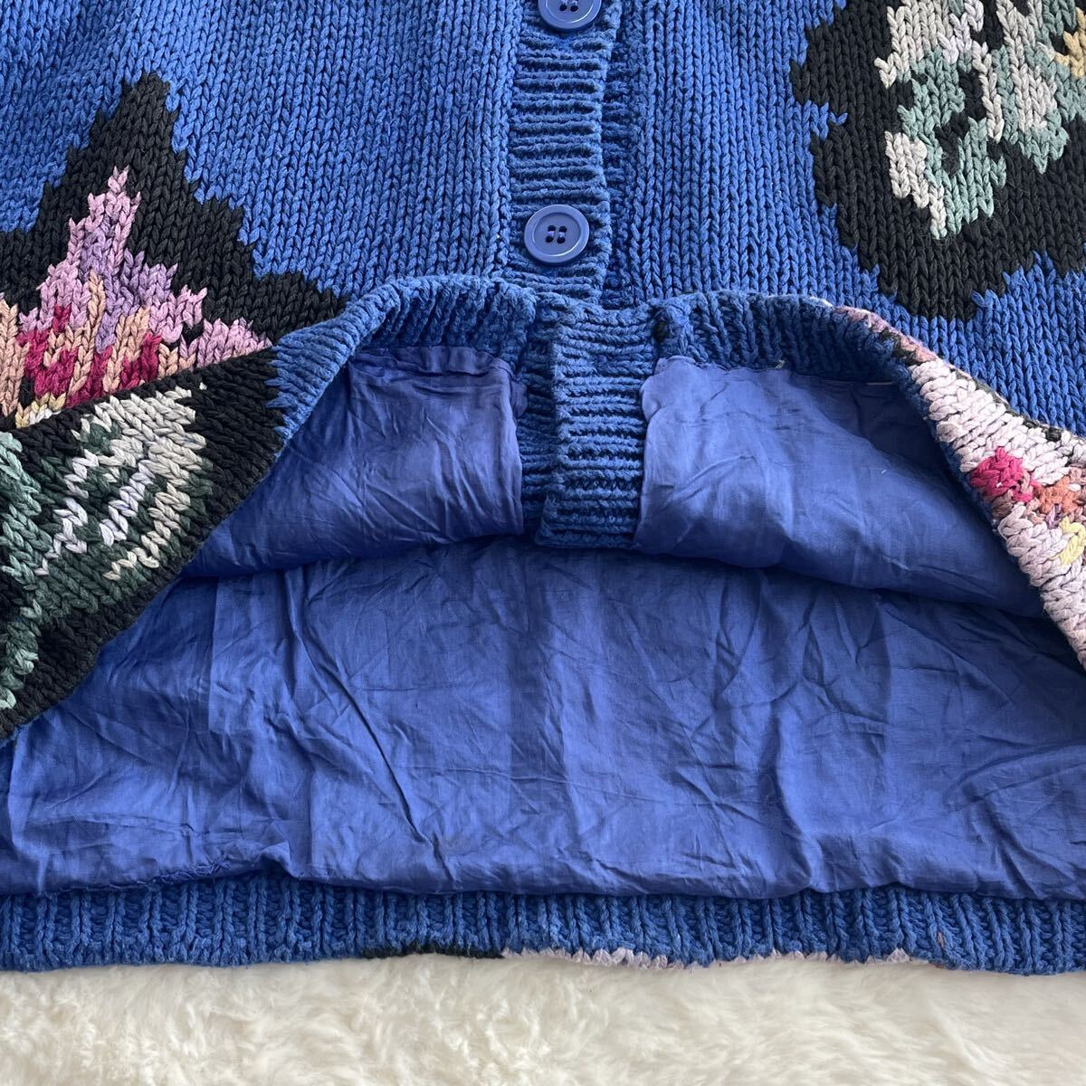 デザインニットジャケット ヴィンテージ古着 カーディガン 花柄 総柄 総裏地 コットンラミー 綿麻 大きめ レディースXL相当 ブルー 青_画像5