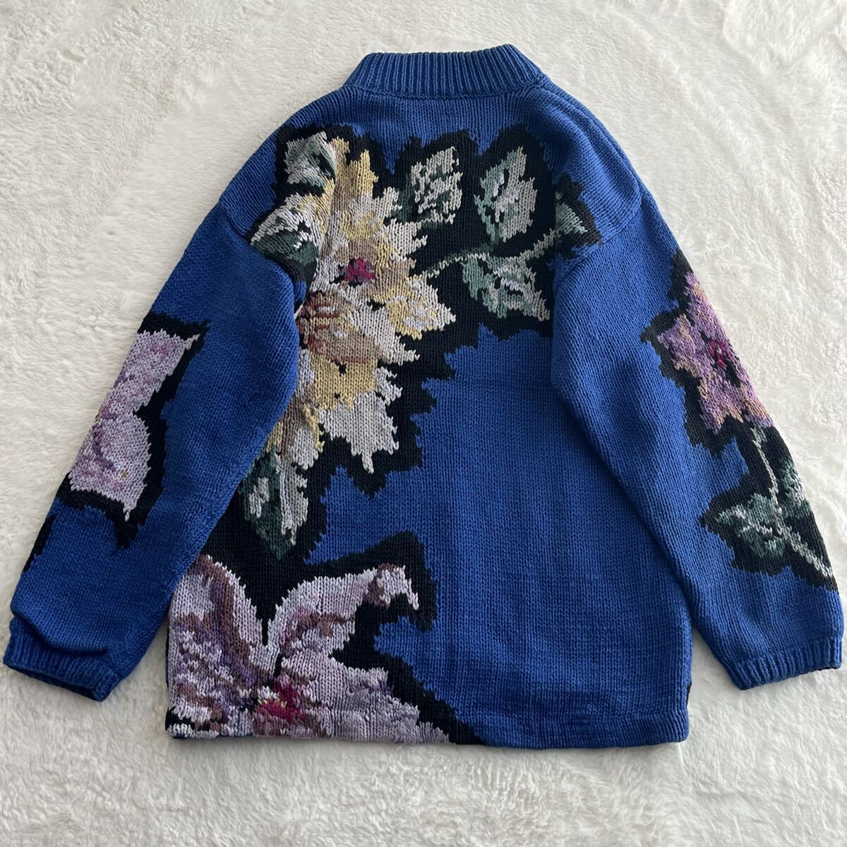 デザインニットジャケット ヴィンテージ古着 カーディガン 花柄 総柄 総裏地 コットンラミー 綿麻 大きめ レディースXL相当 ブルー 青_画像6