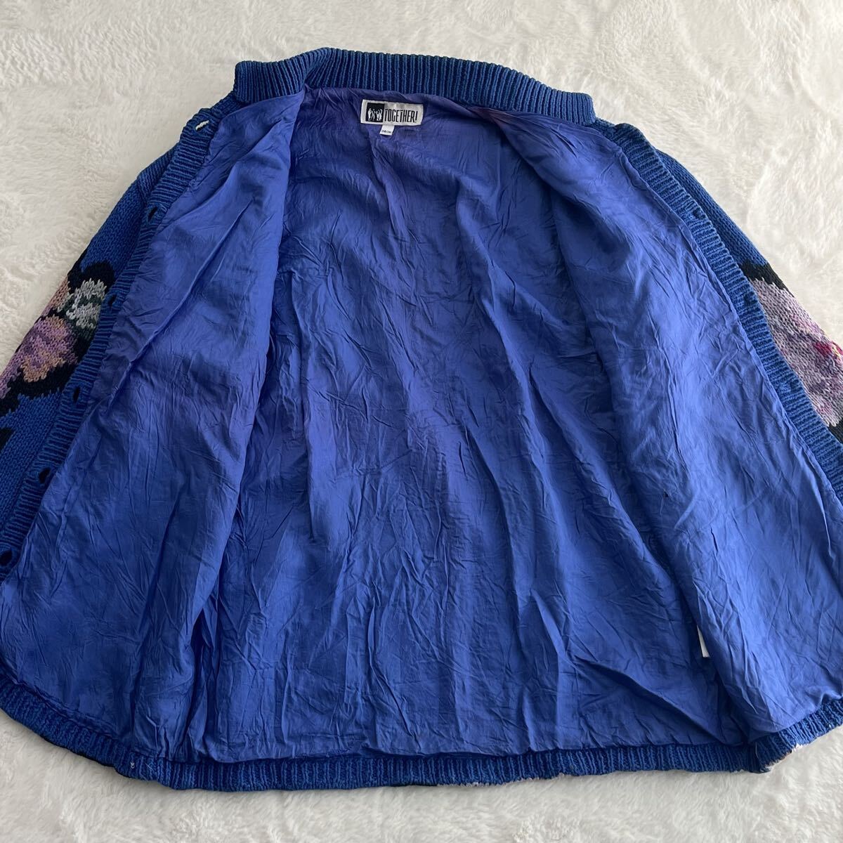 デザインニットジャケット ヴィンテージ古着 カーディガン 花柄 総柄 総裏地 コットンラミー 綿麻 大きめ レディースXL相当 ブルー 青_画像7