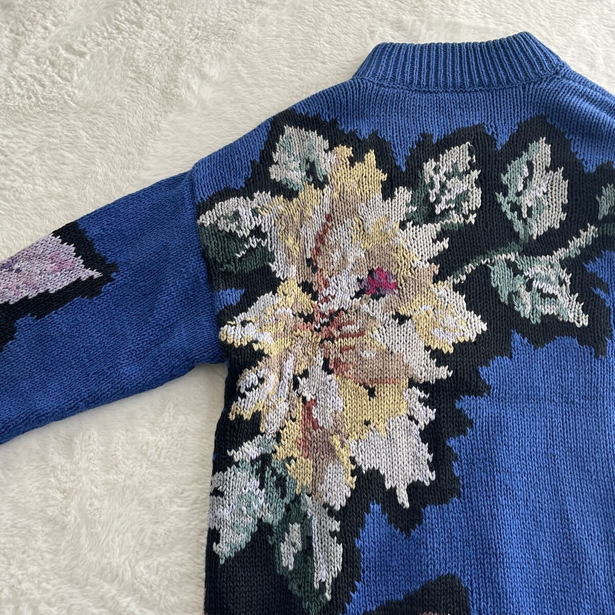 デザインニットジャケット ヴィンテージ古着 カーディガン 花柄 総柄 総裏地 コットンラミー 綿麻 大きめ レディースXL相当 ブルー 青_画像8