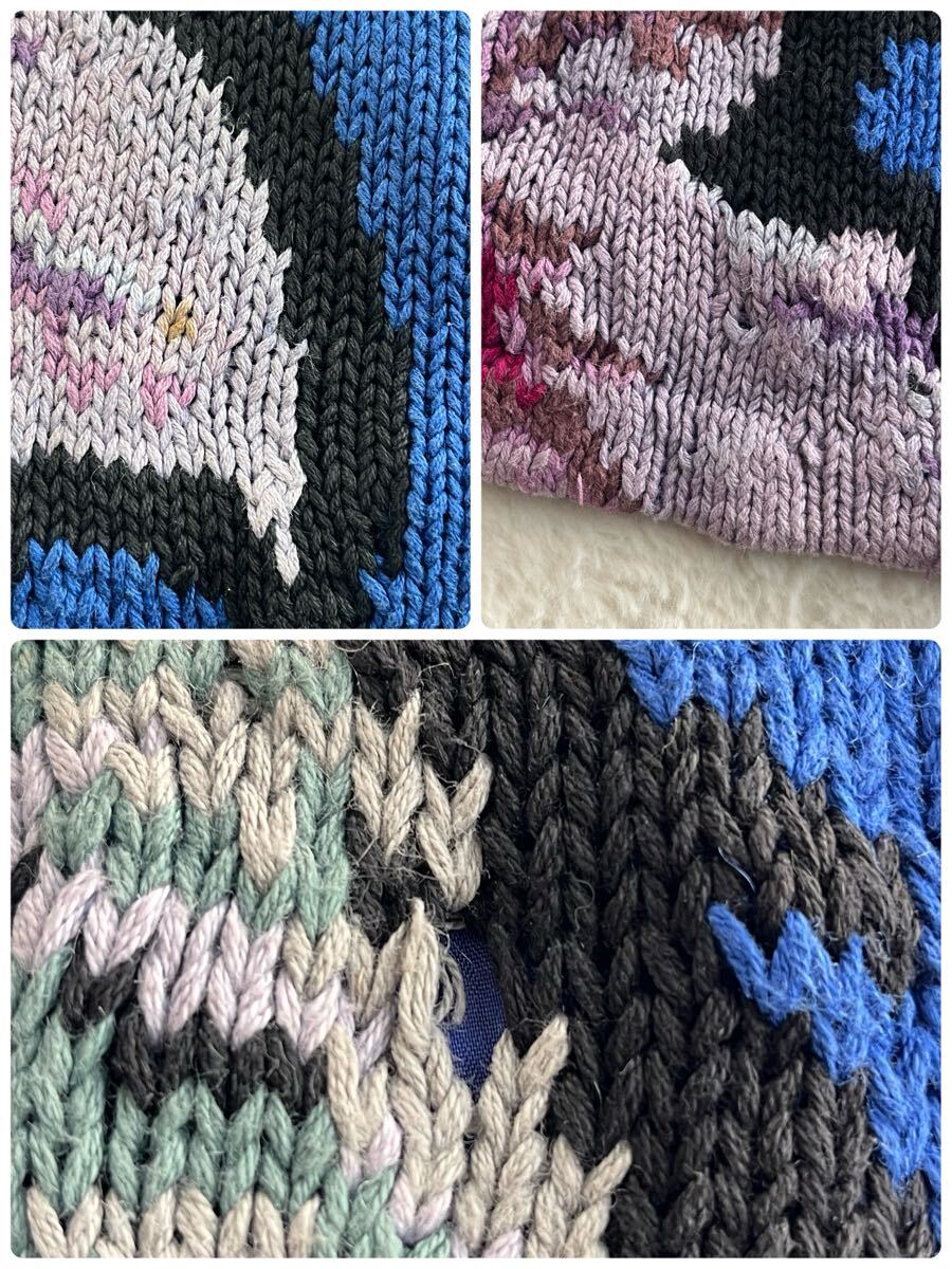 デザインニットジャケット ヴィンテージ古着 カーディガン 花柄 総柄 総裏地 コットンラミー 綿麻 大きめ レディースXL相当 ブルー 青_画像10