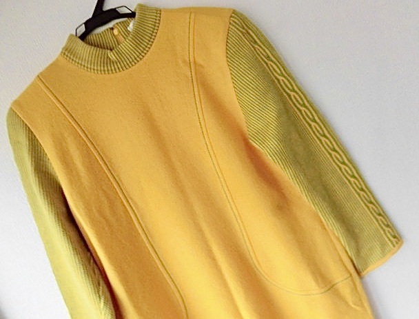 ●GayGIBSON/ゲイギブソン/イェロー系/ハイネックロングワンピース/黄緑リブニット/サイズM~L相当_画像2