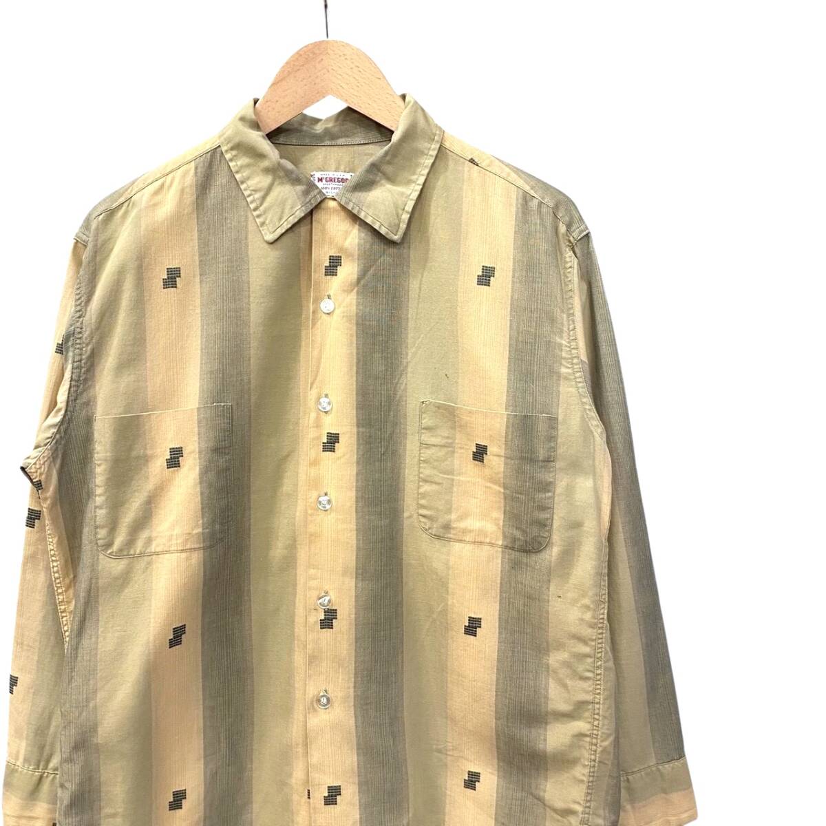 60s ビンテージ McGREGOR オープンカラー コットンシャツ L ストライプ柄 ベージュ 60年代 ヴィンテージ vintage 開襟シャツ マクレガー
