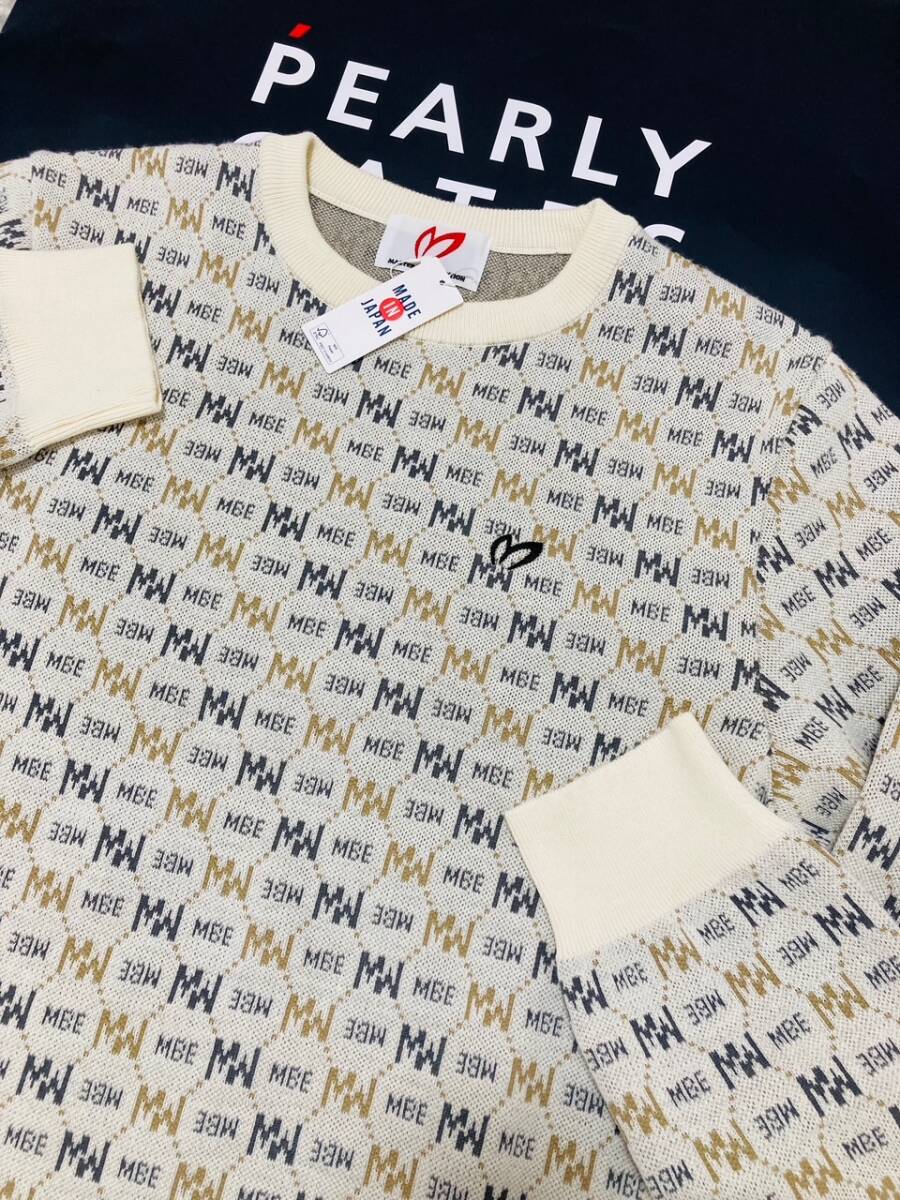 新品 パーリーゲイツ マスターバニー 3色Wジャガード 総柄クルーネック ニットプルオーバー(5)サイズL/白 29700_画像1