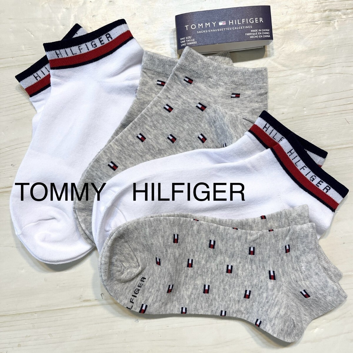 グレー ホワイト ショート 総柄 4足 新品 トミー ヒルフィガー ブランド 靴下 ソックス プレゼント ロゴ TOMMY HILFIGER メンズ レディース_画像1