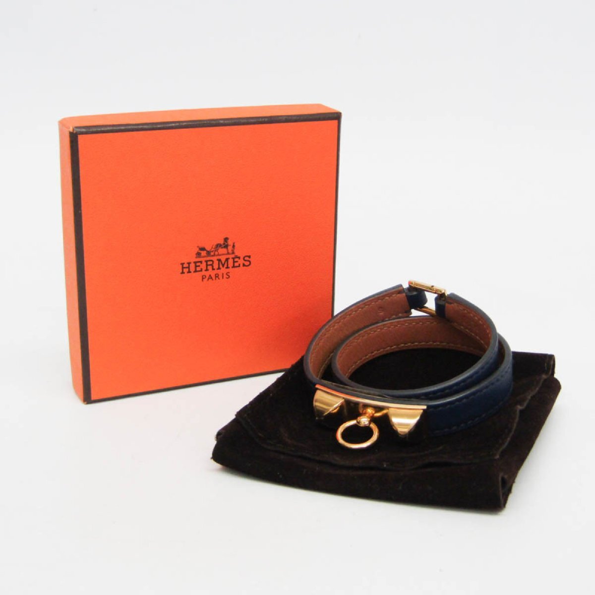 エルメス(Hermes) リヴァル ドゥブルトゥール レザー,メタル ラップブレスレット ゴールド,ネイビー_画像2