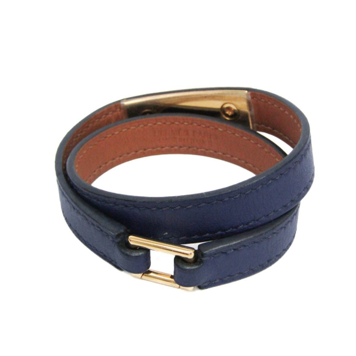 エルメス(Hermes) リヴァル ドゥブルトゥール レザー,メタル ラップブレスレット ゴールド,ネイビー_画像3