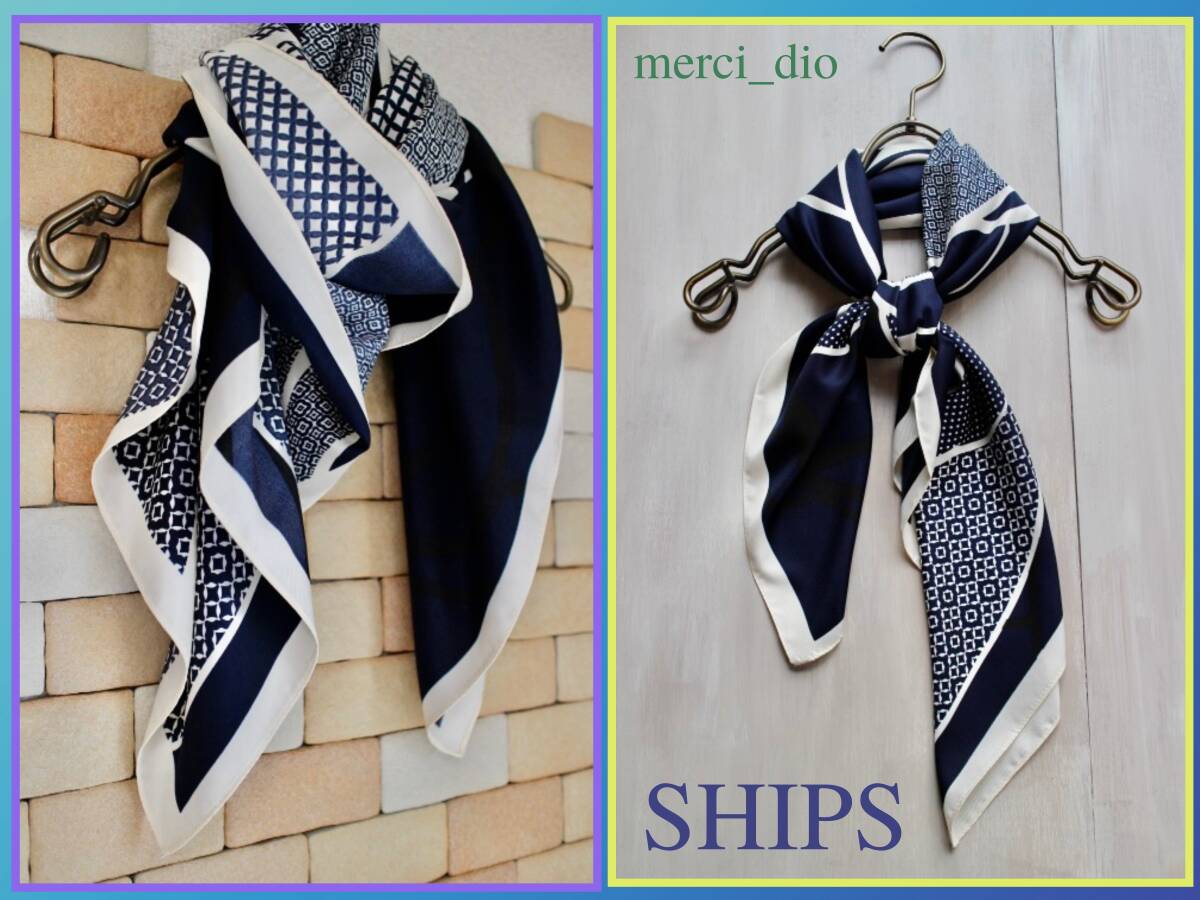 シップス SHIPS 幾何学 フラワー 大判スカーフ ストール シルク混 ネイビー ホワイト 小紋柄 新品 未使用 トゥモローランド wai_画像2