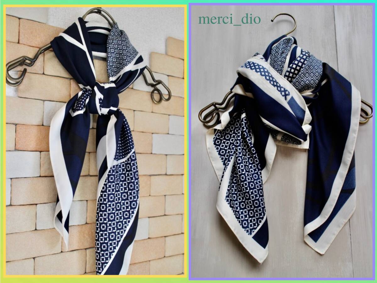 シップス SHIPS 幾何学 フラワー 大判スカーフ ストール シルク混 ネイビー ホワイト 小紋柄 新品 未使用 トゥモローランド wai_画像6