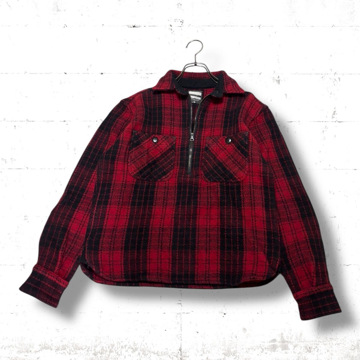 日本製 桃太郎ジーンズ メルトンウール プルオーバー シャツ ジャケット ヘビーウエイト バッファロー ブロック チェック 赤 黒 S M_画像1