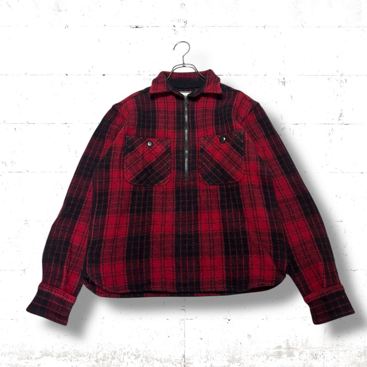 日本製 桃太郎ジーンズ メルトンウール プルオーバー シャツ ジャケット ヘビーウエイト バッファロー ブロック チェック 赤 黒 S M_画像2