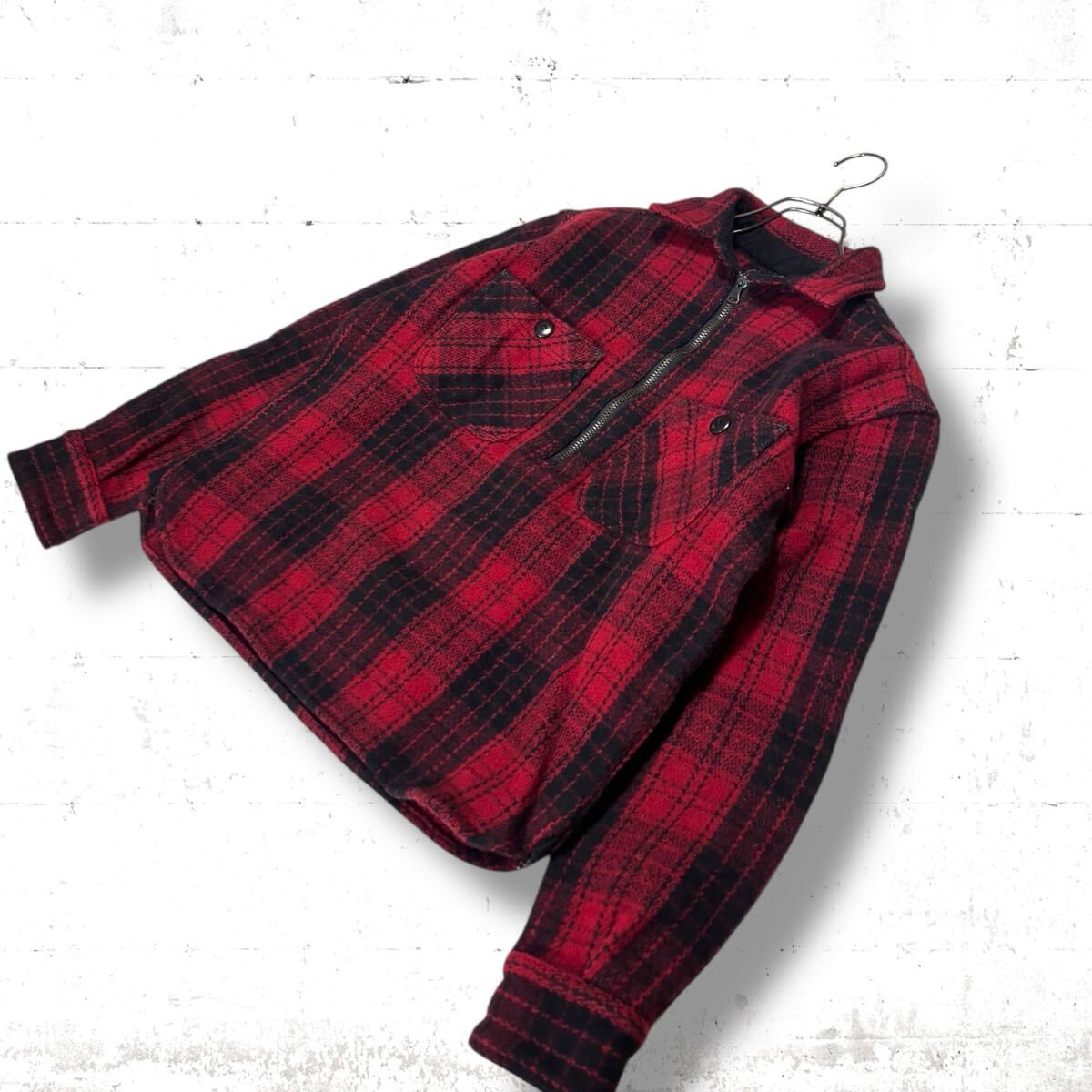 日本製 桃太郎ジーンズ メルトンウール プルオーバー シャツ ジャケット ヘビーウエイト バッファロー ブロック チェック 赤 黒 S M_画像3