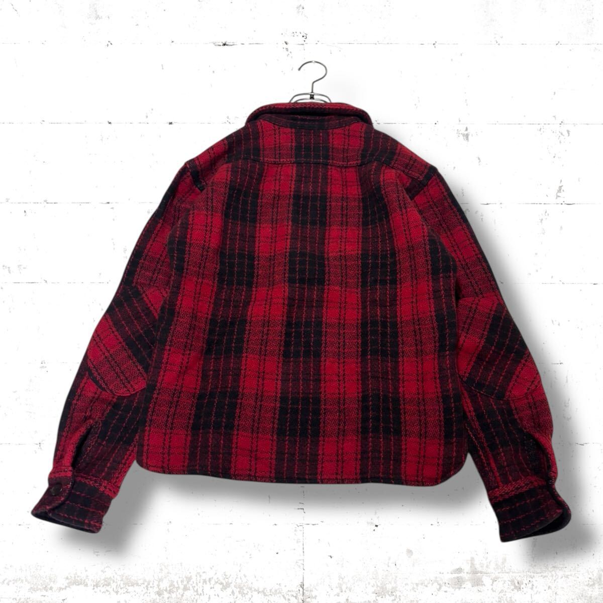 日本製 桃太郎ジーンズ メルトンウール プルオーバー シャツ ジャケット ヘビーウエイト バッファロー ブロック チェック 赤 黒 S M_画像5